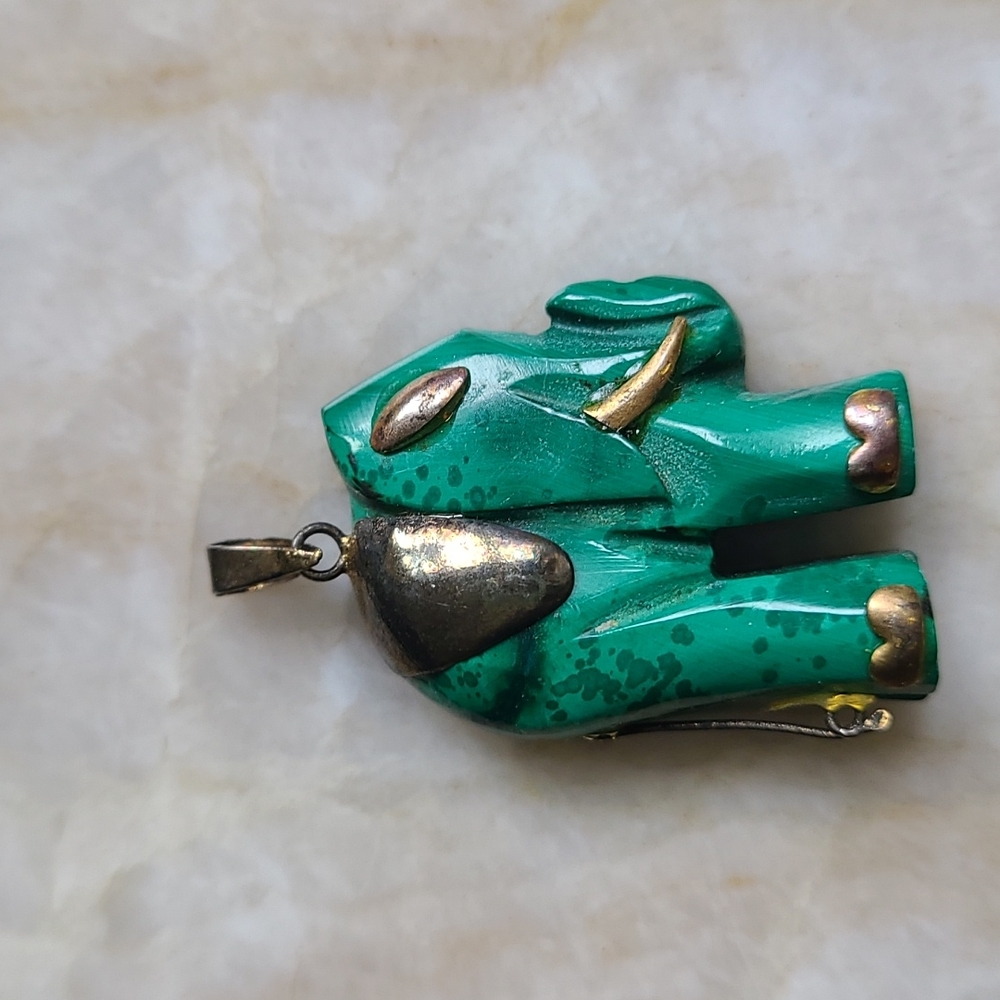 Malachite stone Elephant w/ gold trim charm for necklace